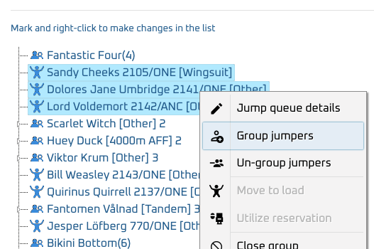 Jump queue context menu